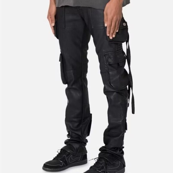 New, unworn men's black vegan leather tactical cargo pants in Amiri style, size - Picture 4 of 13